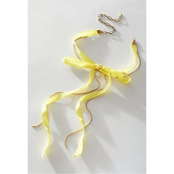 Free People Sitting Pretty Bow Choker Necklace in Yellow Gingham Picnic Spring - Picture 3 of 10